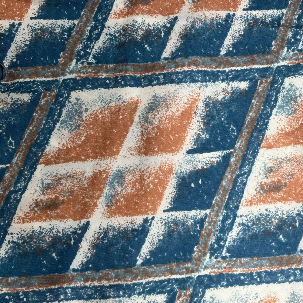 Vintage 70s Sponge Painted Geometric Peach and Blue Scarf, Rectangular, Ruffled
